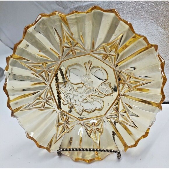 Vintage 1950's Federal Glass Amber Pioneer Fruit Pattern Crimped Edge 7.5" Round - Picture 1 of 9
